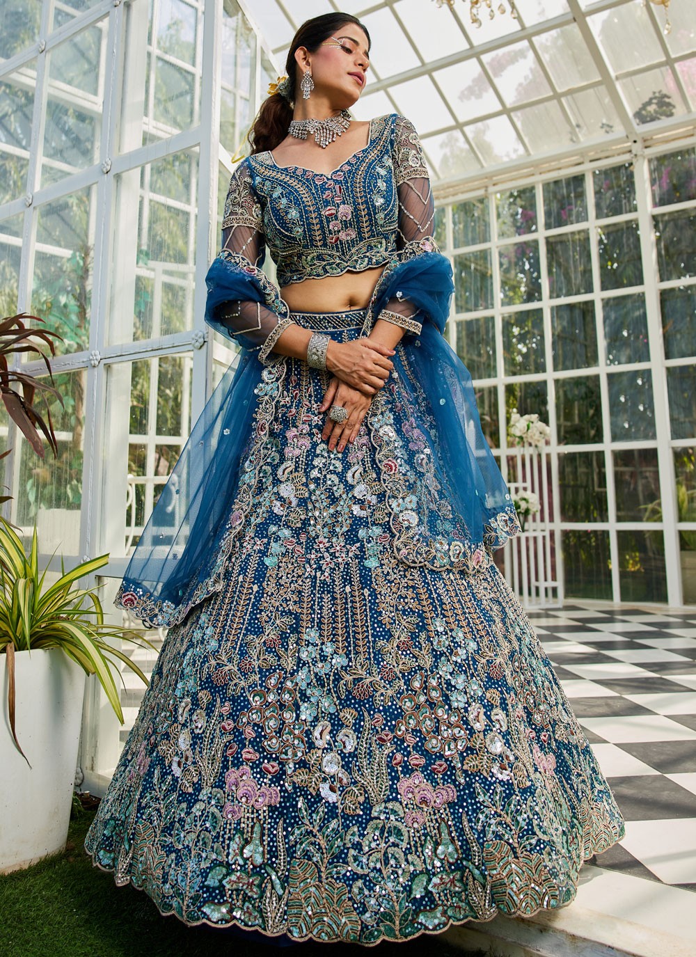 Beads Net Navy Blue Lehenga - L3386