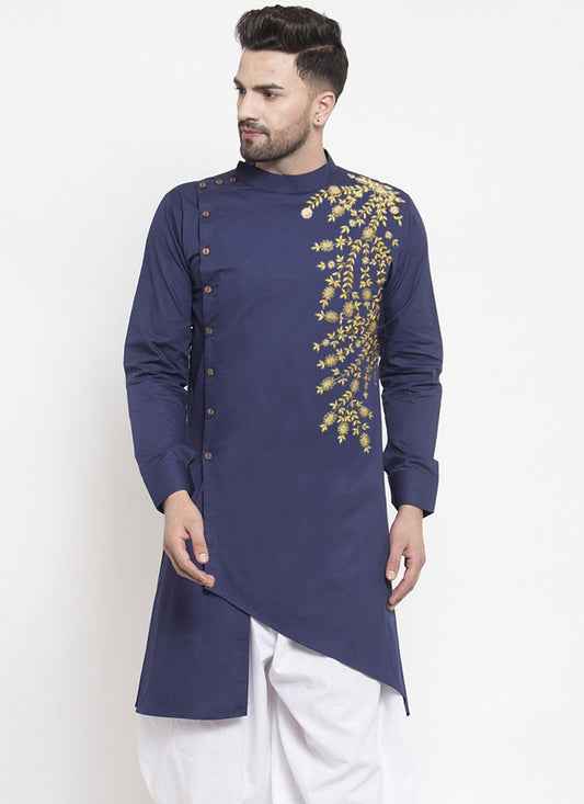 Embroidered Blended Cotton Navy Blue Kurta - M6166