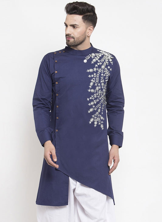Embroidered Blended Cotton Navy Blue Kurta - M6171