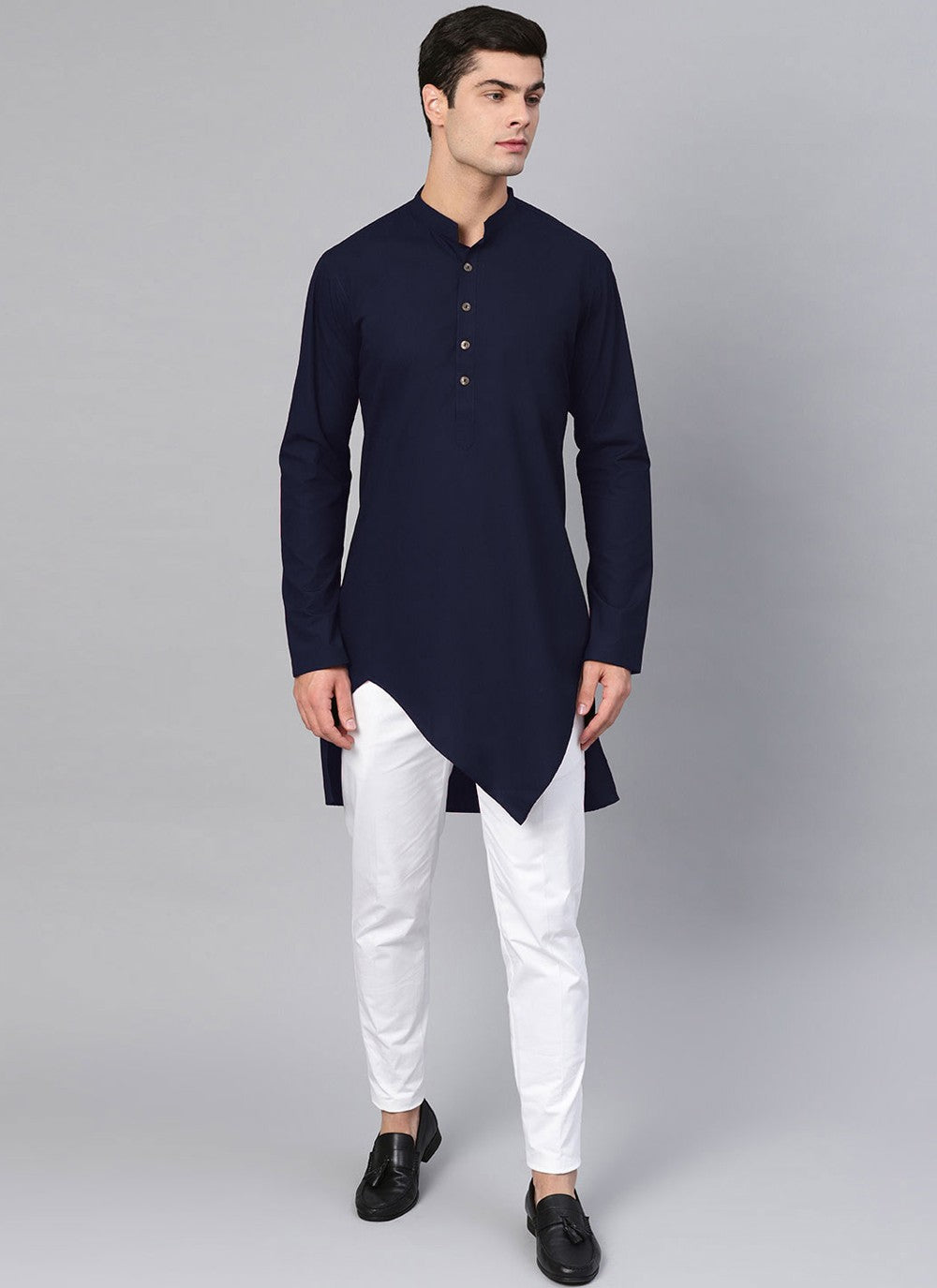 Buttons Blended Cotton Navy Blue Kurta - M4549