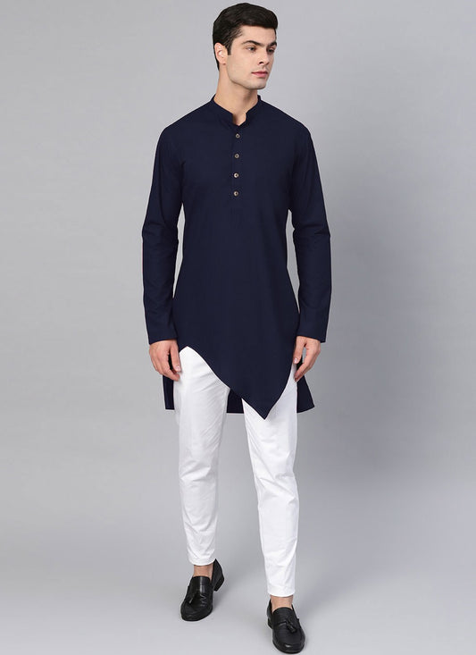 Buttons Blended Cotton Navy Blue Kurta - M4549