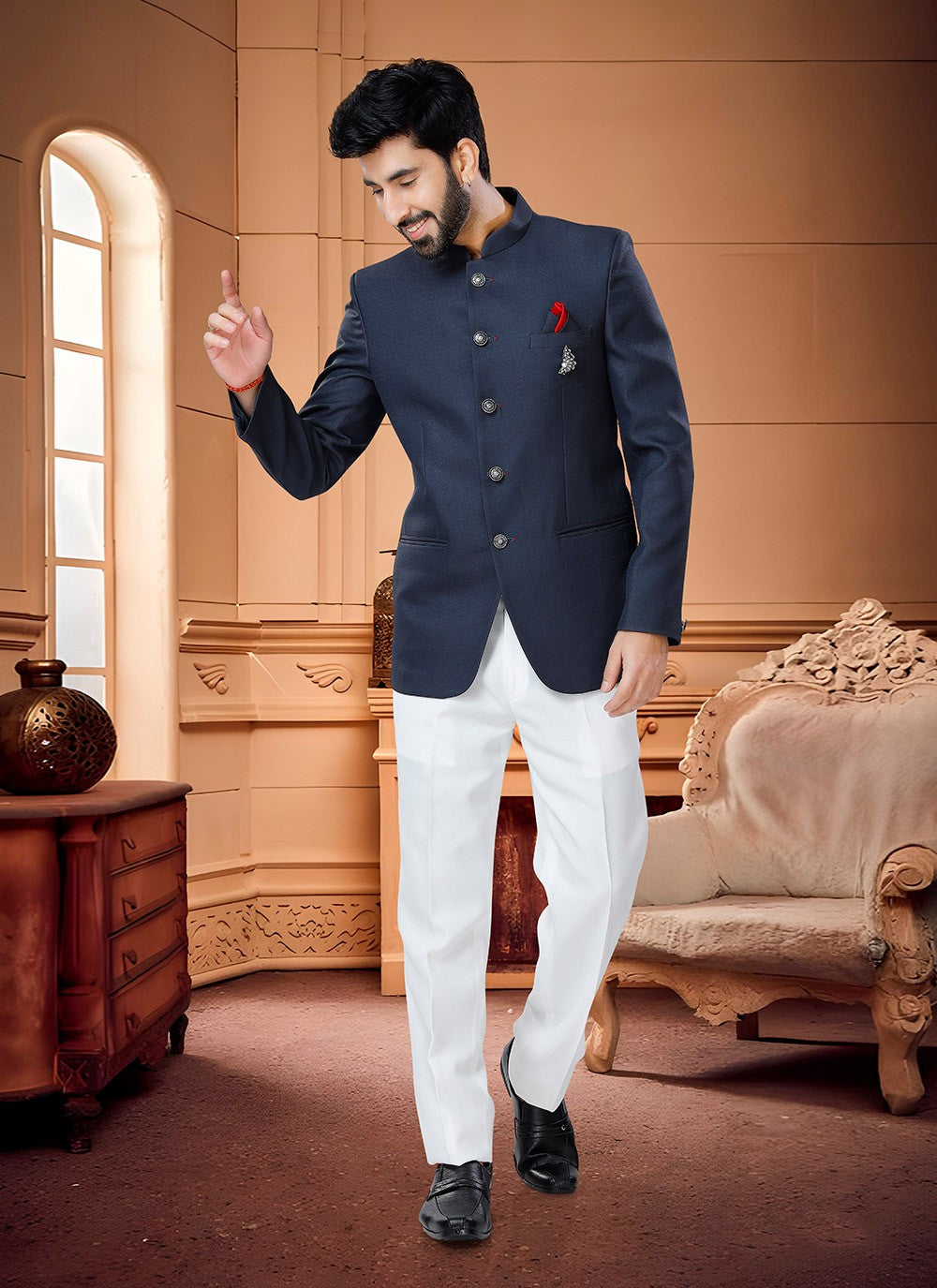 Buttons Fancy Fabric Navy Blue Jodhpuri Suit - M4335