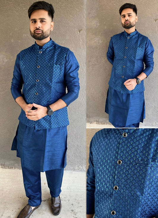 Embroidered Banglori Silk Navy Blue Kurta Payjama With Jacket - M6866