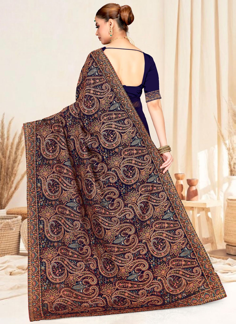 Navy Blue Georgette Trendy Saree Embroidered, Resham S19833