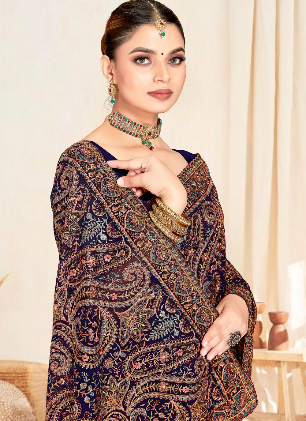 Navy Blue Georgette Trendy Saree Embroidered, Resham S19833