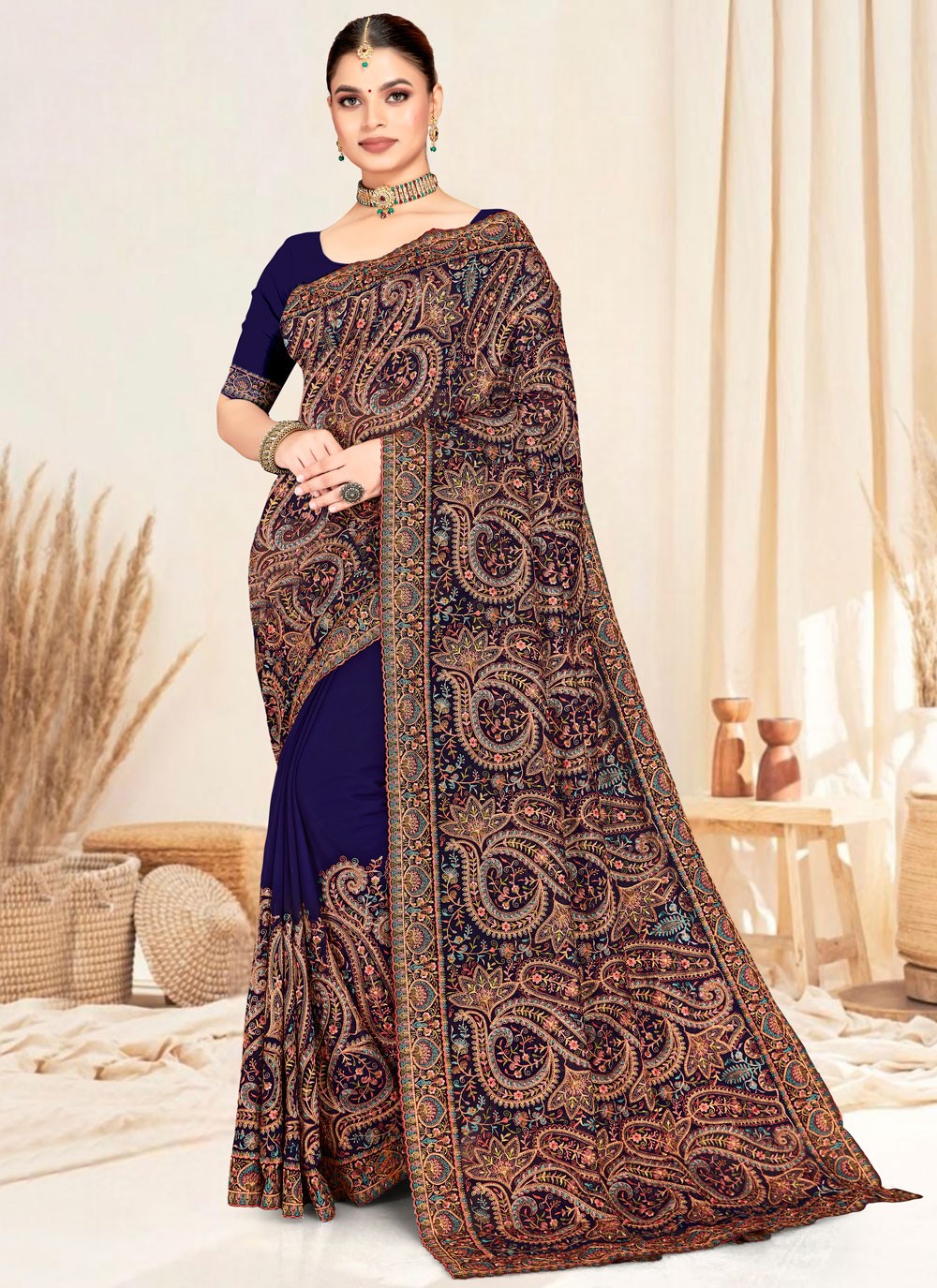 Navy Blue Georgette Trendy Saree Embroidered, Resham S19833