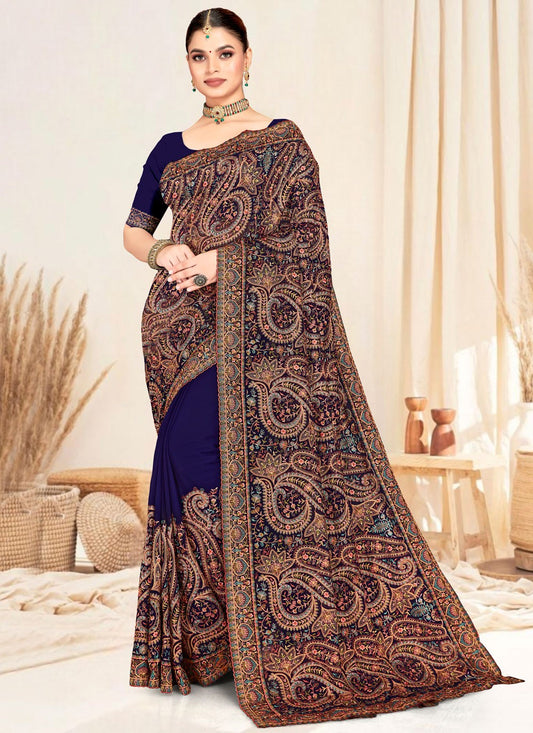 Navy Blue Georgette Trendy Saree Embroidered, Resham S19833