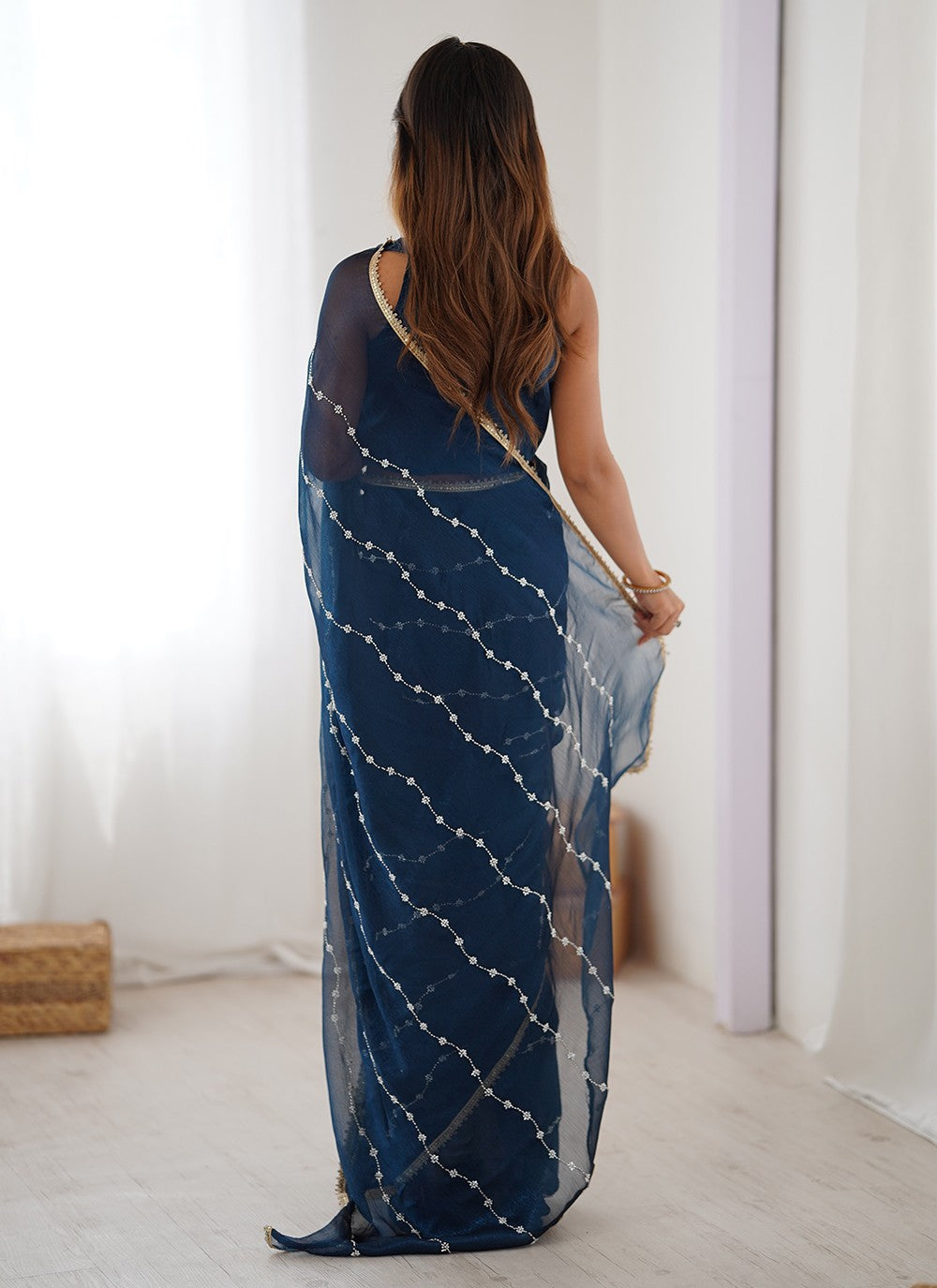 Navy Blue Chiffon Traditional Saree Beads, Lace, Moti S16283