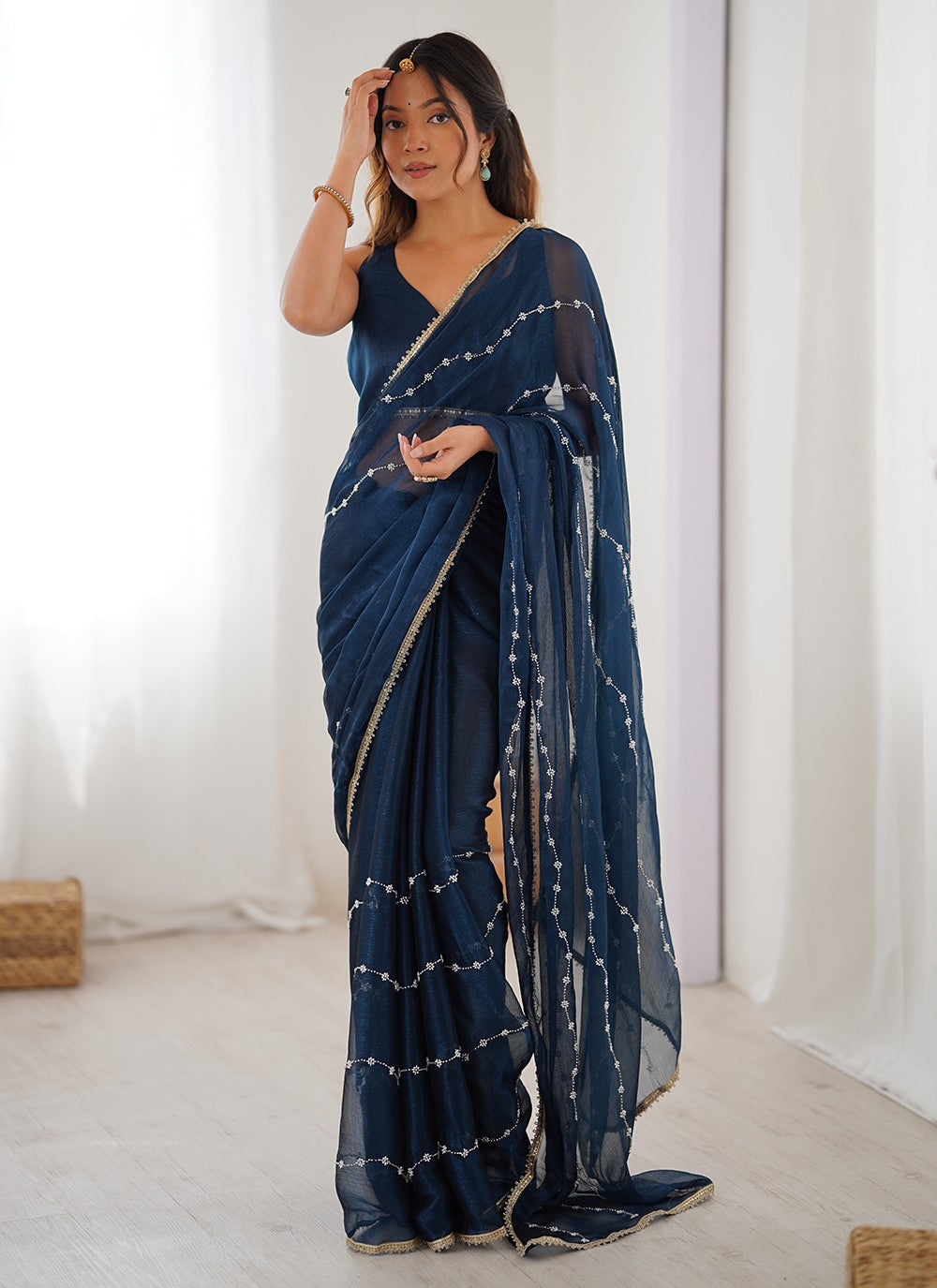 Navy Blue Chiffon Traditional Saree Beads, Lace, Moti S16283