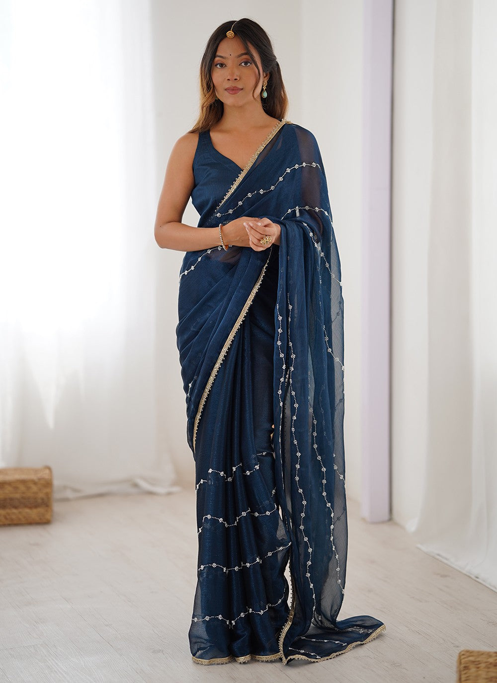 Navy Blue Chiffon Traditional Saree Beads, Lace, Moti S16283