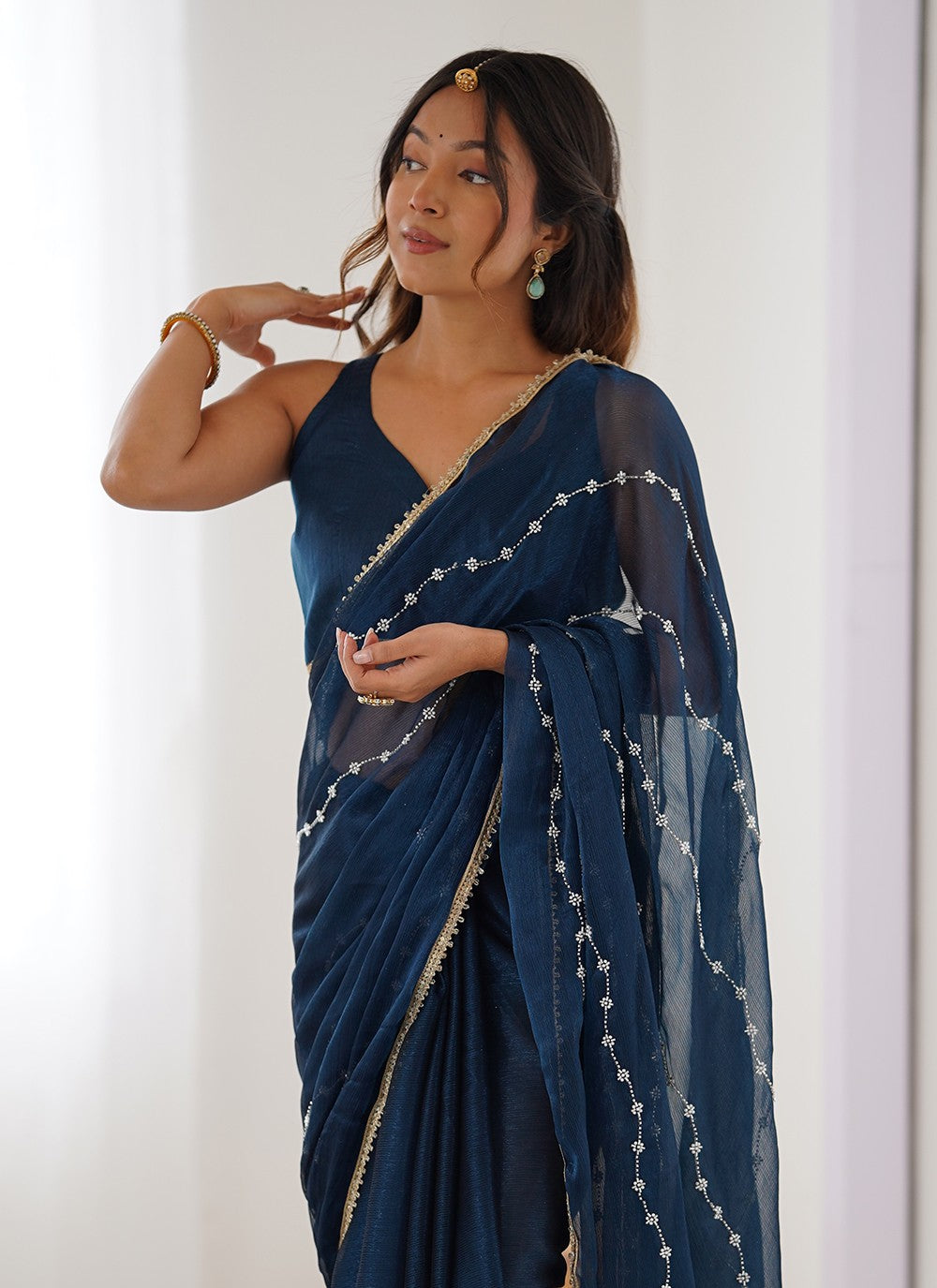Navy Blue Chiffon Traditional Saree Beads, Lace, Moti S16283