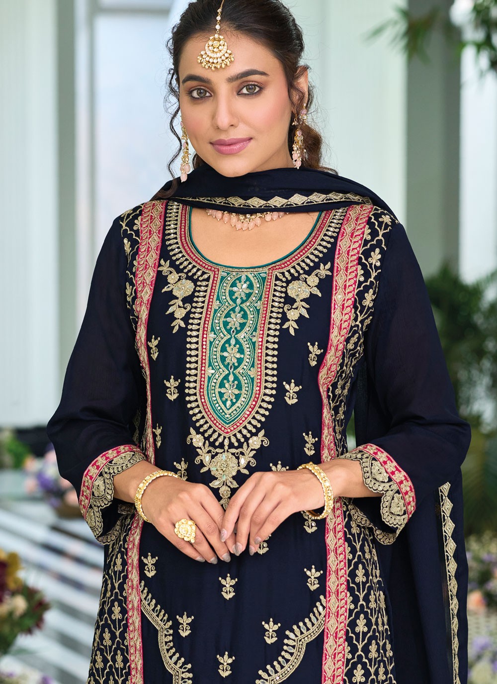 Salwar Suit Embroidered Navy Blue Chinon T5510