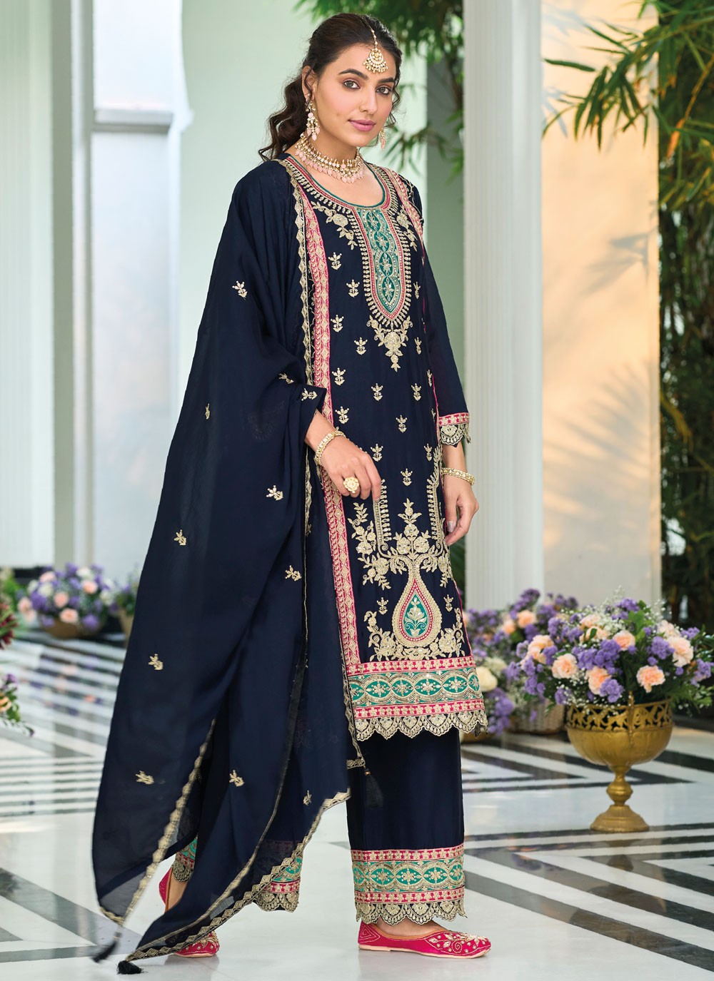 Salwar Suit Embroidered Navy Blue Chinon T5510