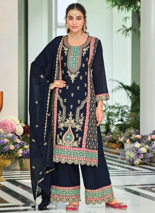 Salwar Suit Embroidered Navy Blue Chinon T5510