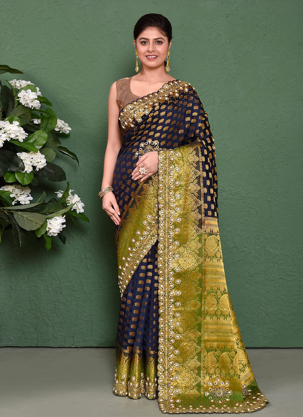 Hand Embroidery Kanjivaram Silk Navy Blue Saree S14327