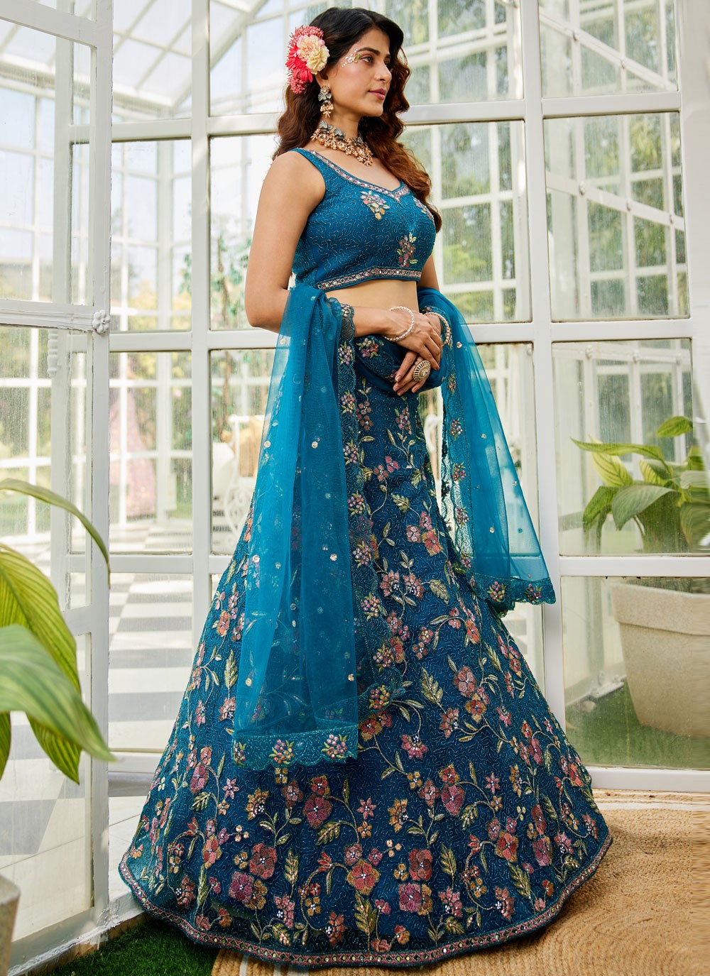Beads Net Navy Blue Lehenga - L3377
