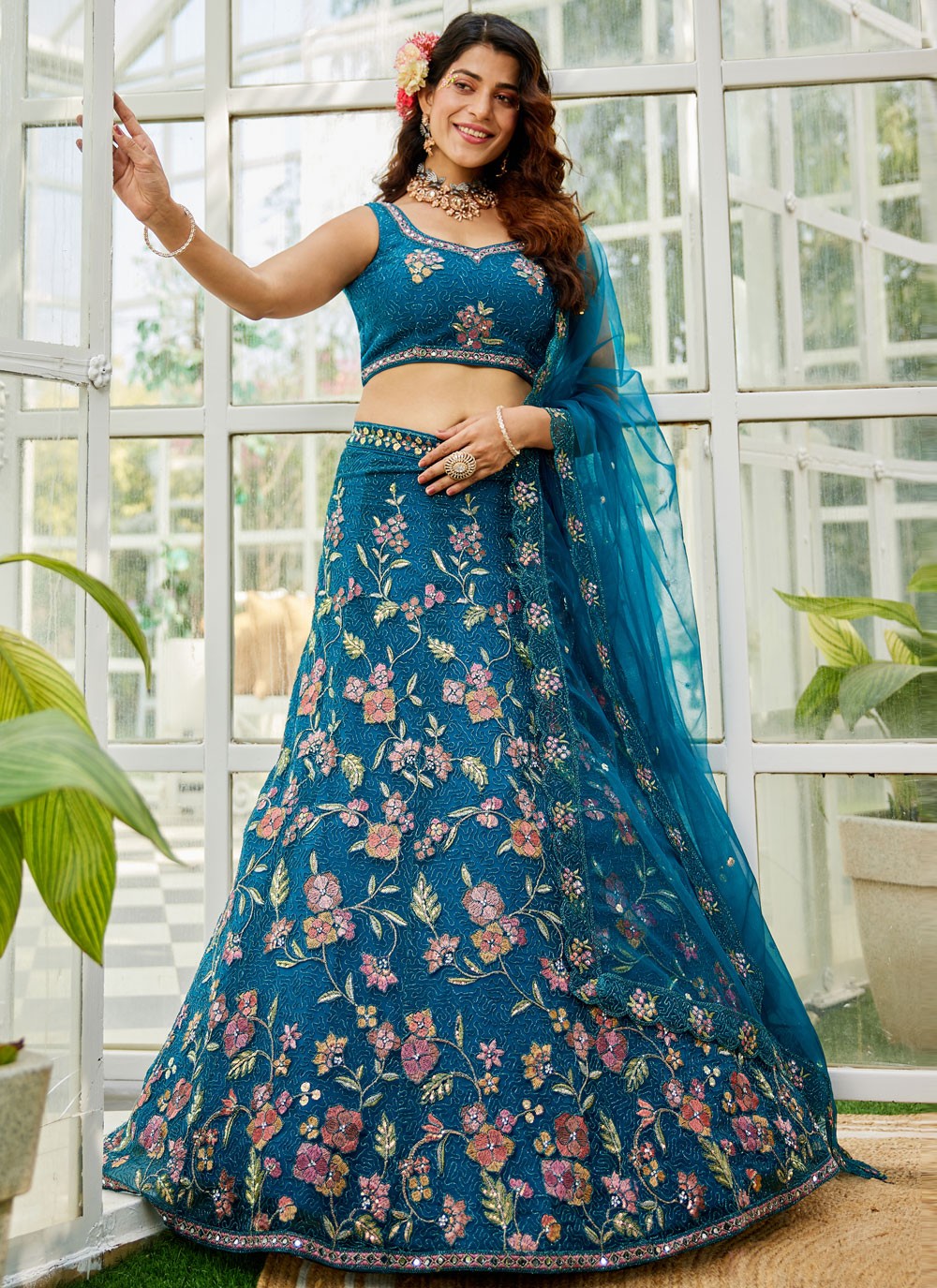 Beads Net Navy Blue Lehenga - L3377