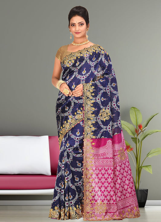 Hand Embroidery Kanjivaram Silk Navy Blue Saree S13759