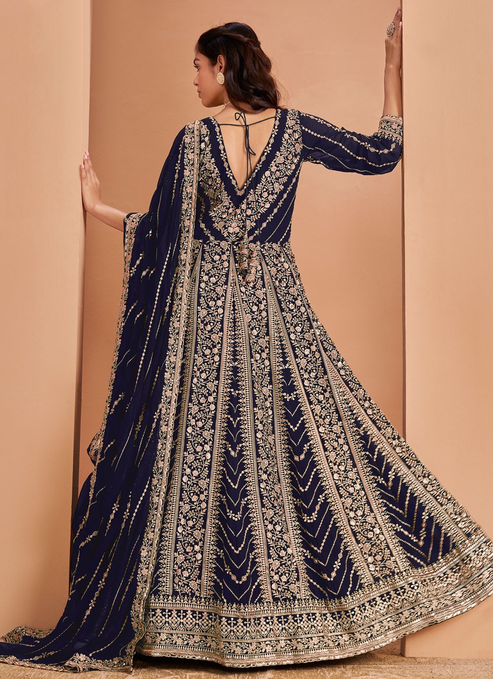 Salwar Suit Embroidered Navy Blue Faux Georgette T5312
