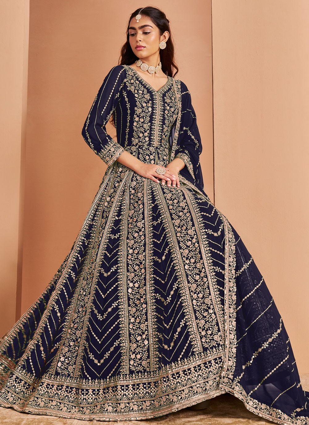Salwar Suit Embroidered Navy Blue Faux Georgette T5312