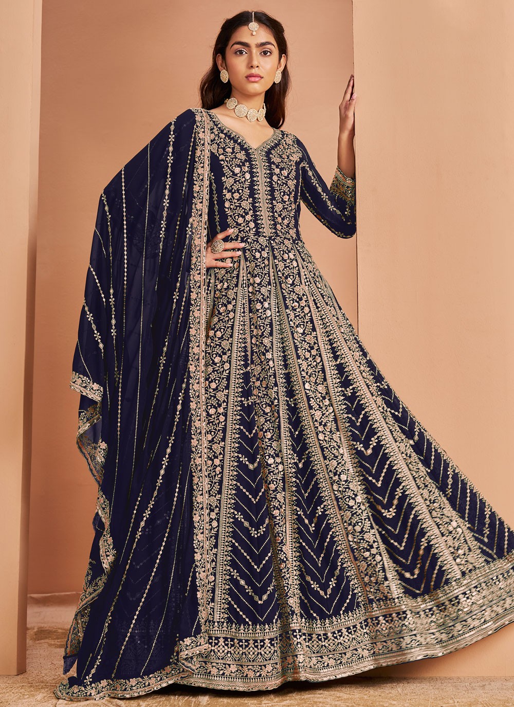 Salwar Suit Embroidered Navy Blue Faux Georgette T5312