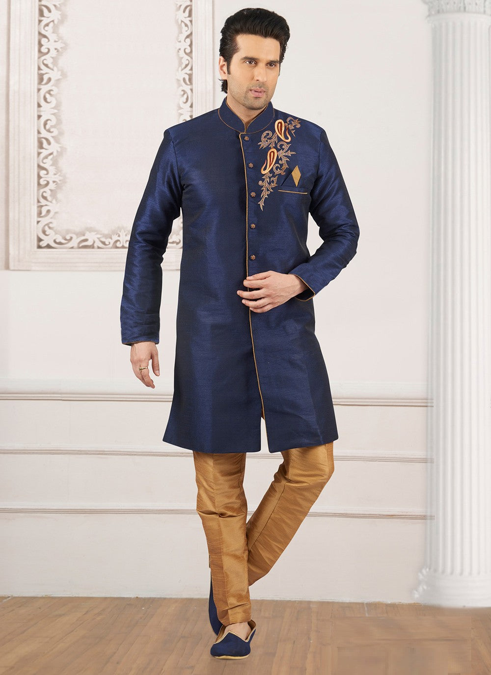 Embroidered Dupion Silk Navy Blue Indo Western - M6392