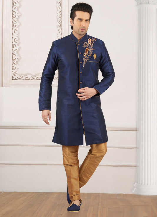 Embroidered Dupion Silk Navy Blue Indo Western - M6392