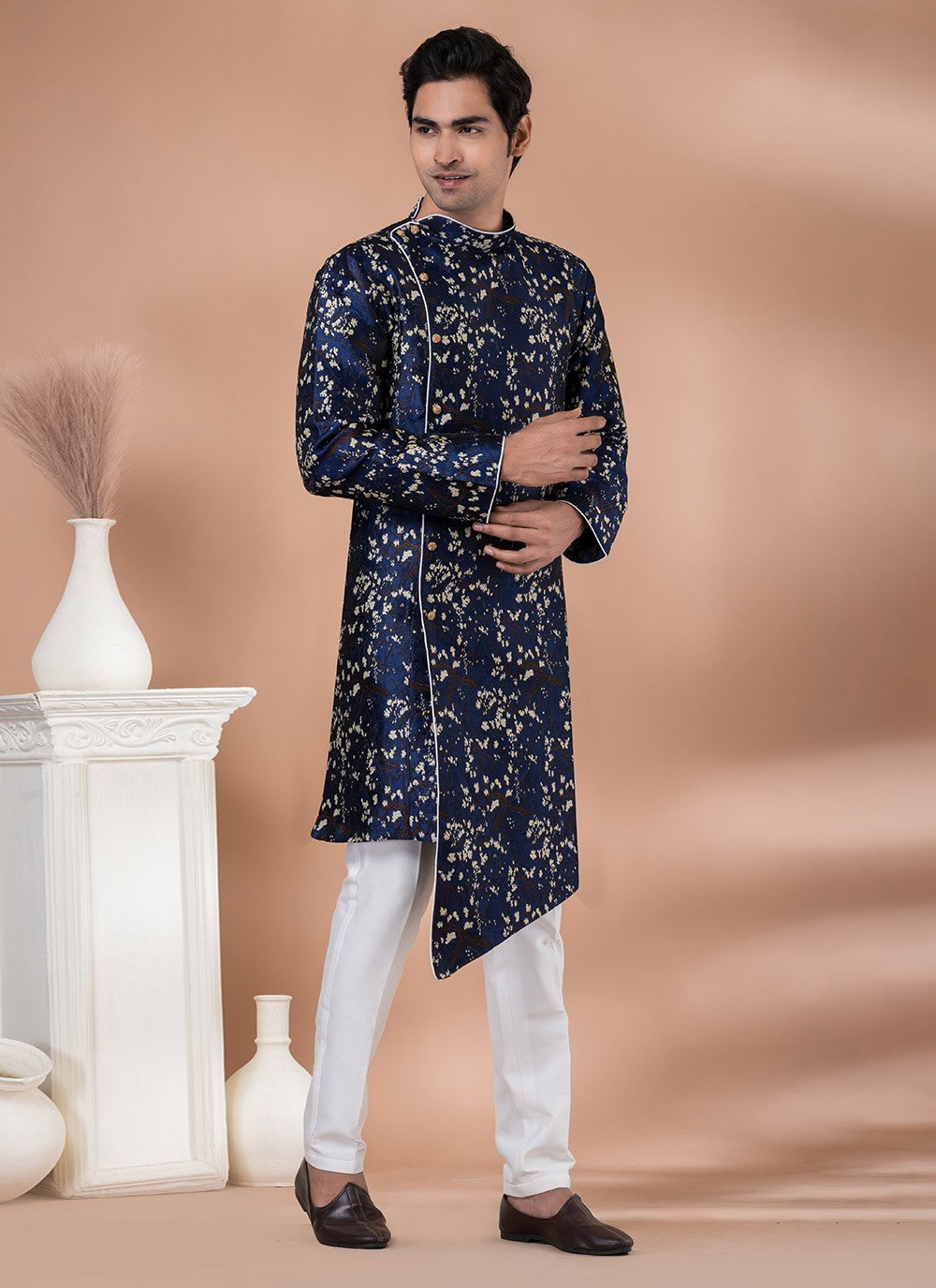 Embroidered Jacquard Silk Navy Blue Indo Western - M7047