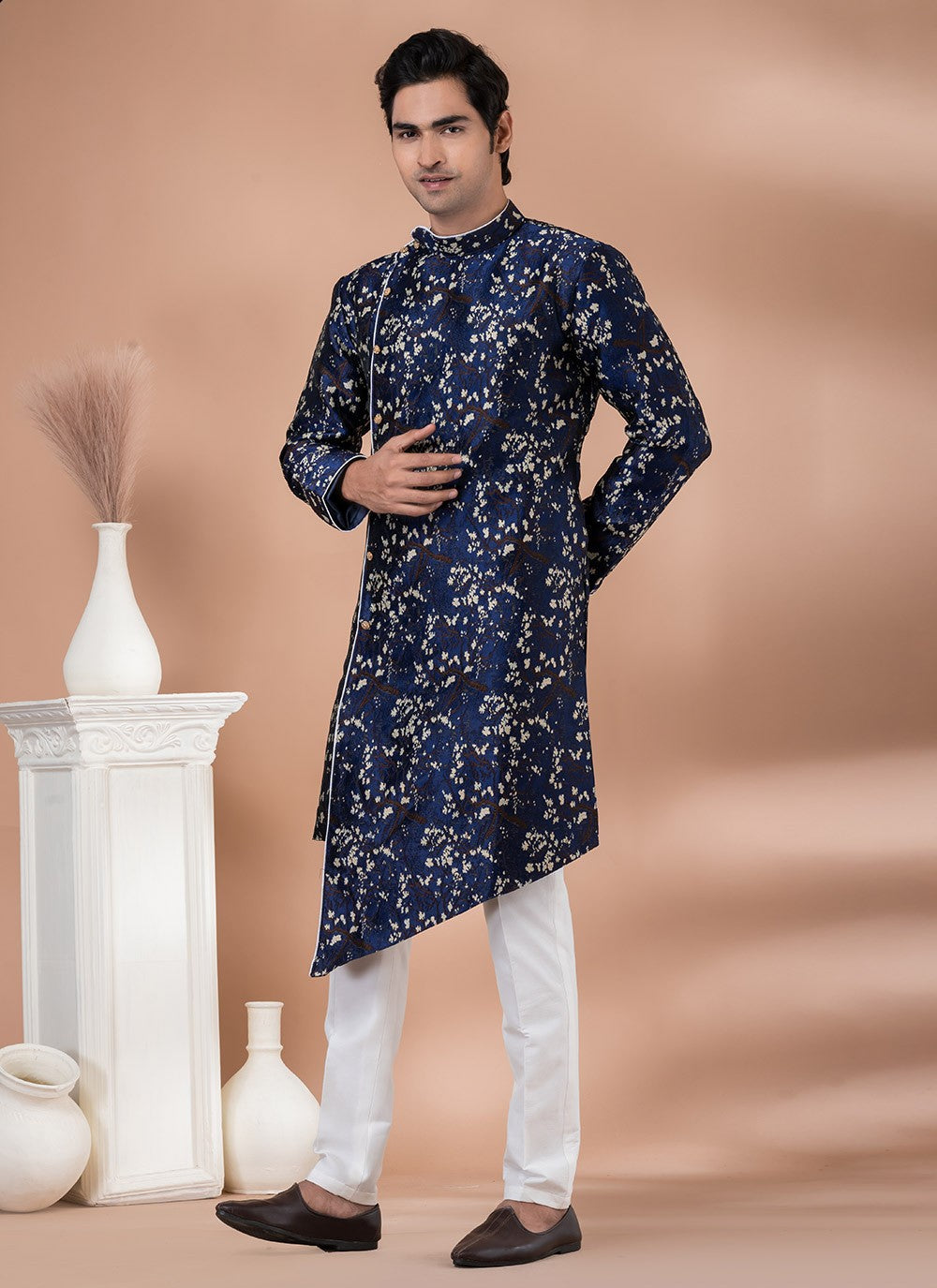 Embroidered Jacquard Silk Navy Blue Indo Western - M7047