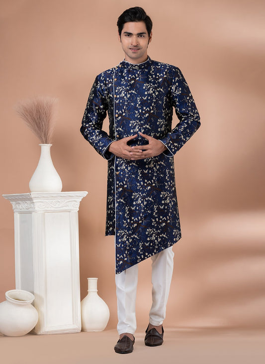 Embroidered Jacquard Silk Navy Blue Indo Western - M7047