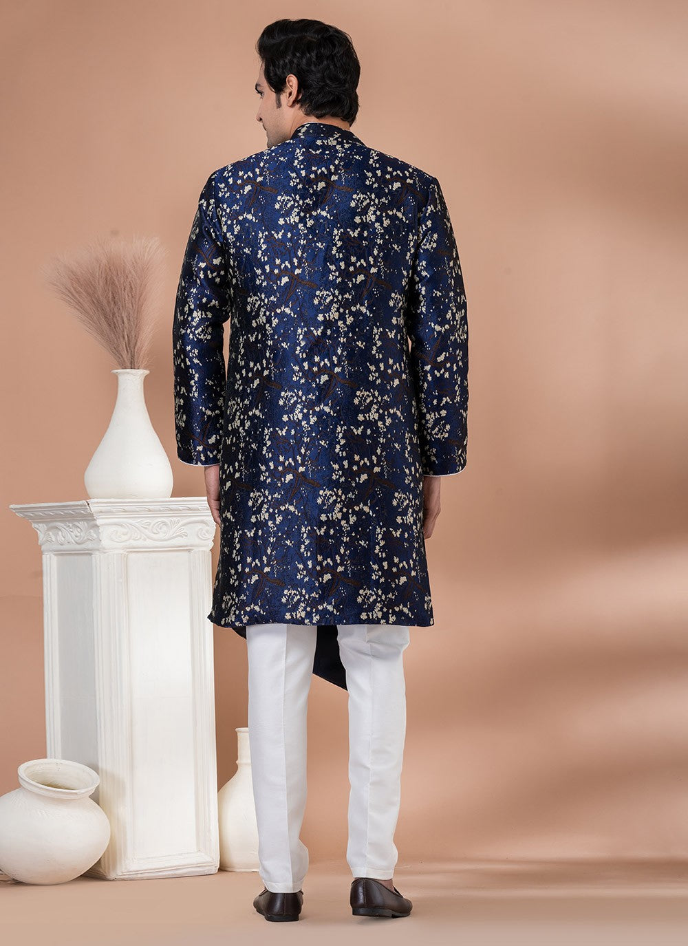 Embroidered Jacquard Silk Navy Blue Indo Western - M7047