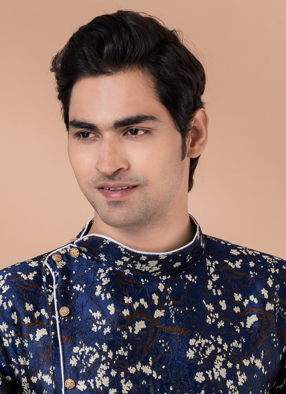 Embroidered Jacquard Silk Navy Blue Indo Western - M7047
