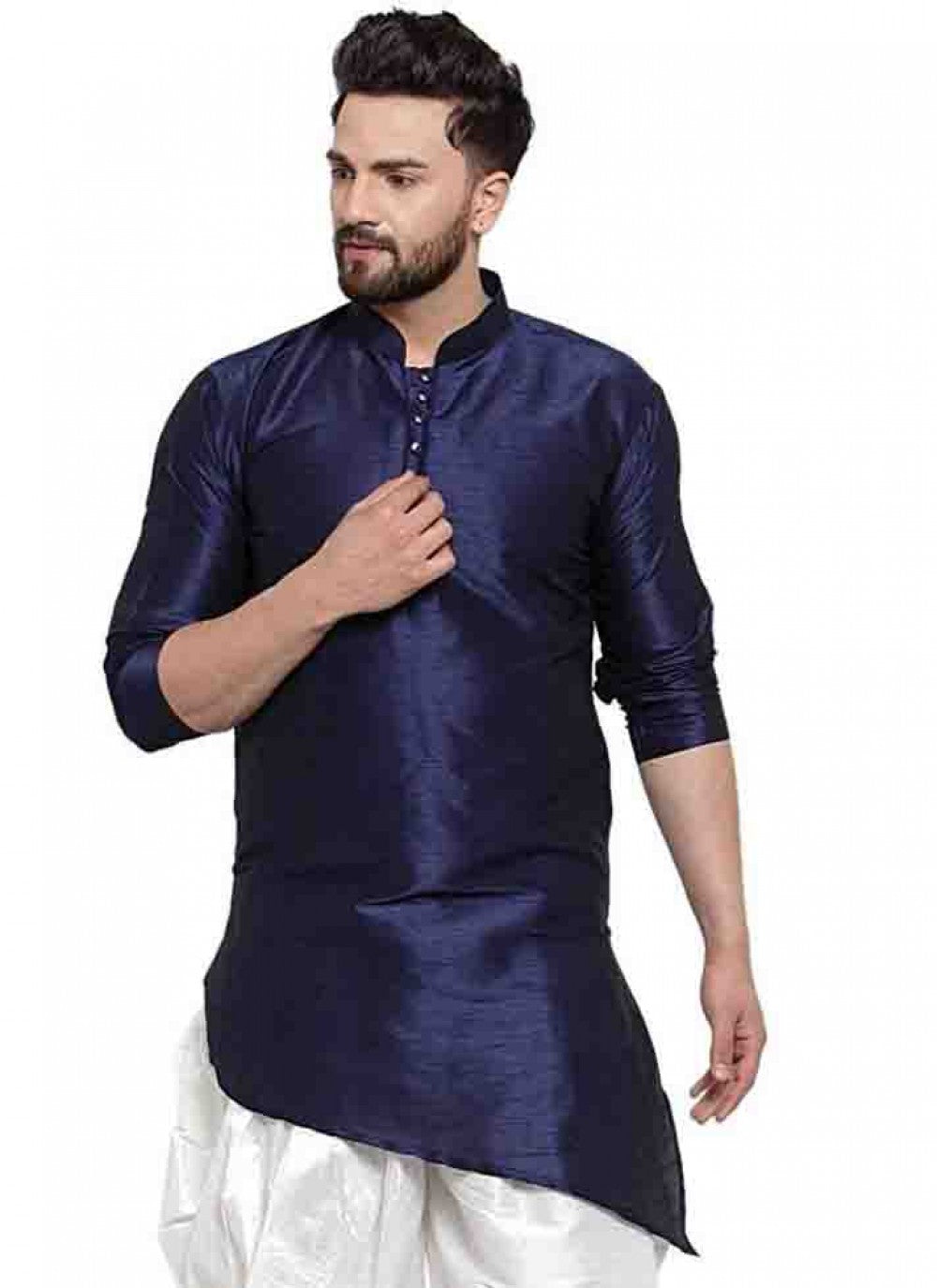 Plain Art Dupion Silk Navy Blue Kurta - M1575