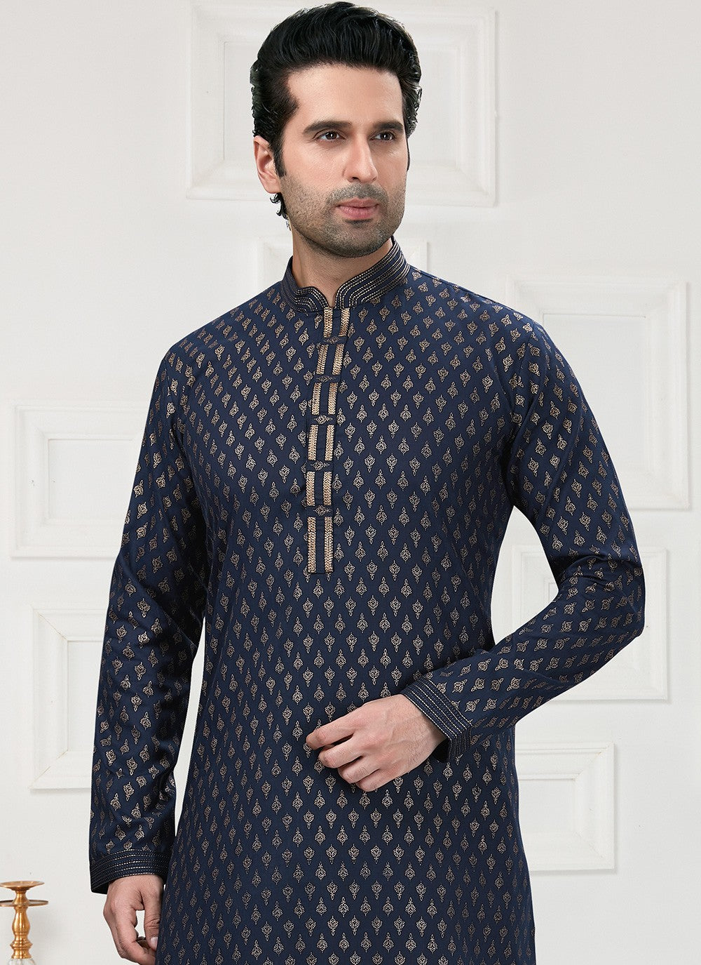 Printed Cotton Navy Blue Kurta Pyjama - M3144