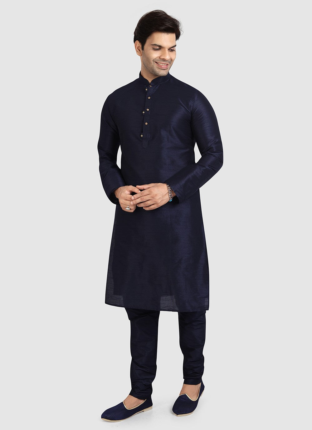 Plain Art Silk Navy Blue Kurta Pyjama - M3410