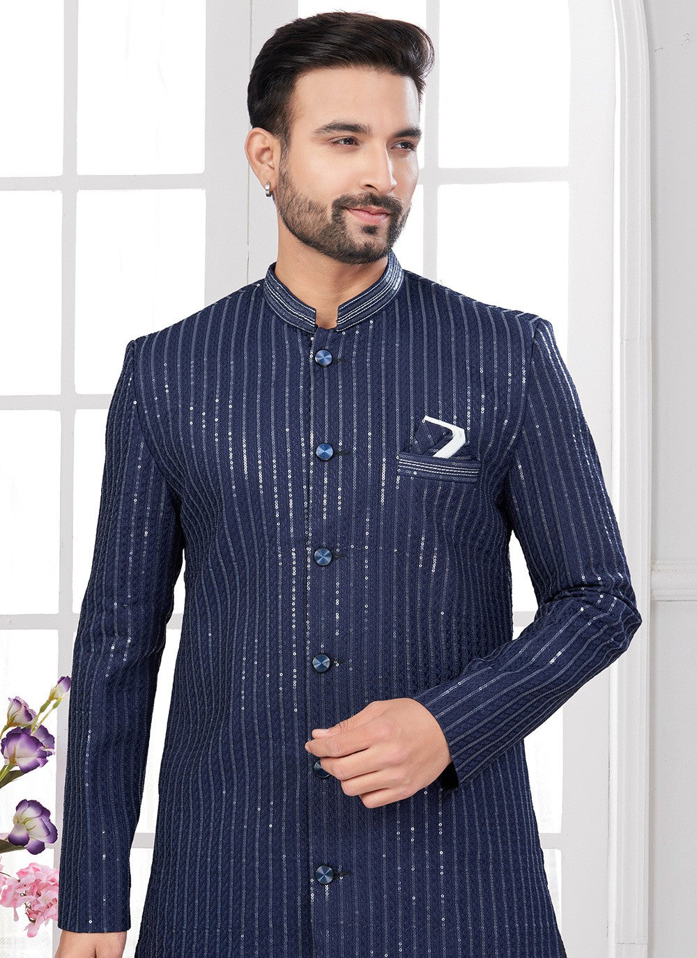Machine Embroidery Imported, Silk Navy Blue Sherwani - M8614