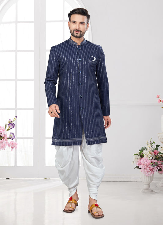 Machine Embroidery Imported, Silk Navy Blue Sherwani - M8614