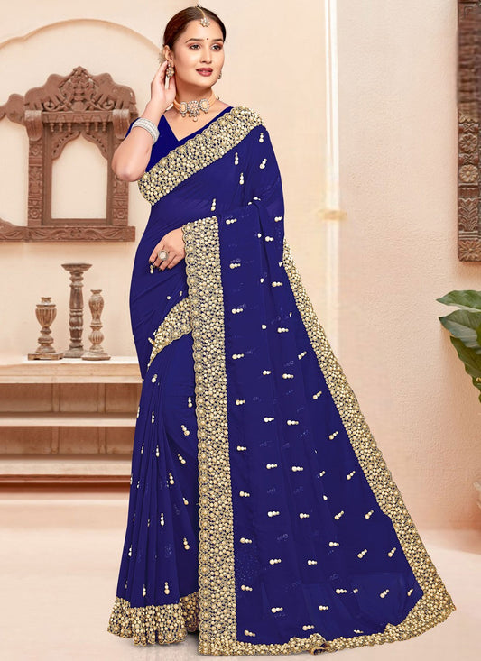 Border Work Georgette Navy Blue Saree S14641