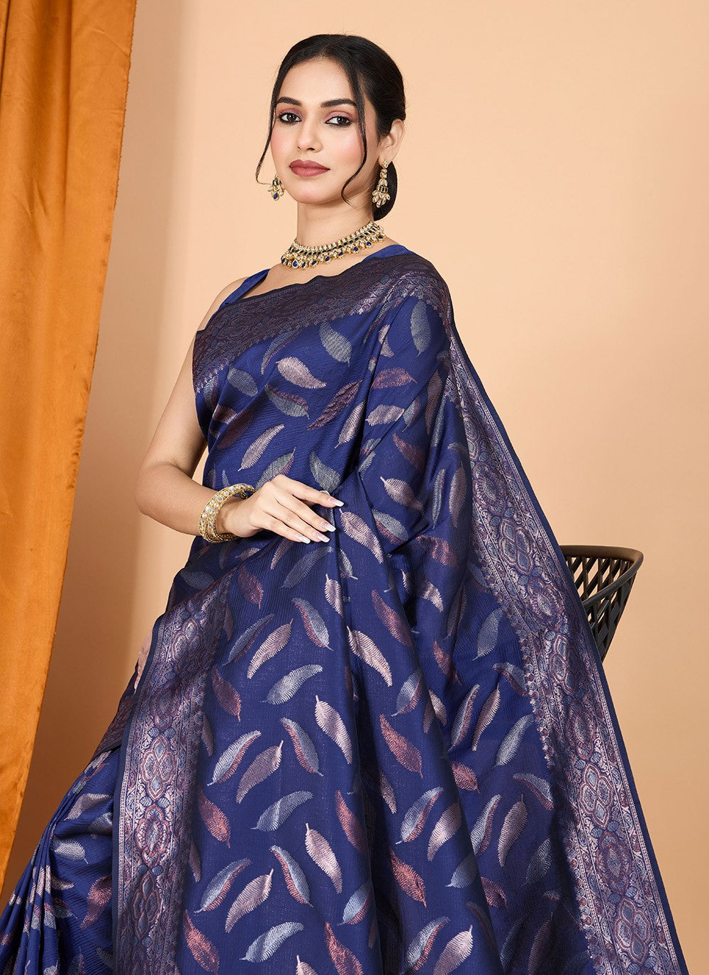 Woven Silk Navy Blue Trendy Saree S15095