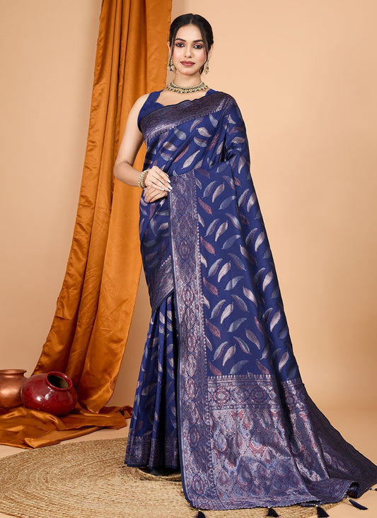 Woven Silk Navy Blue Trendy Saree S15095