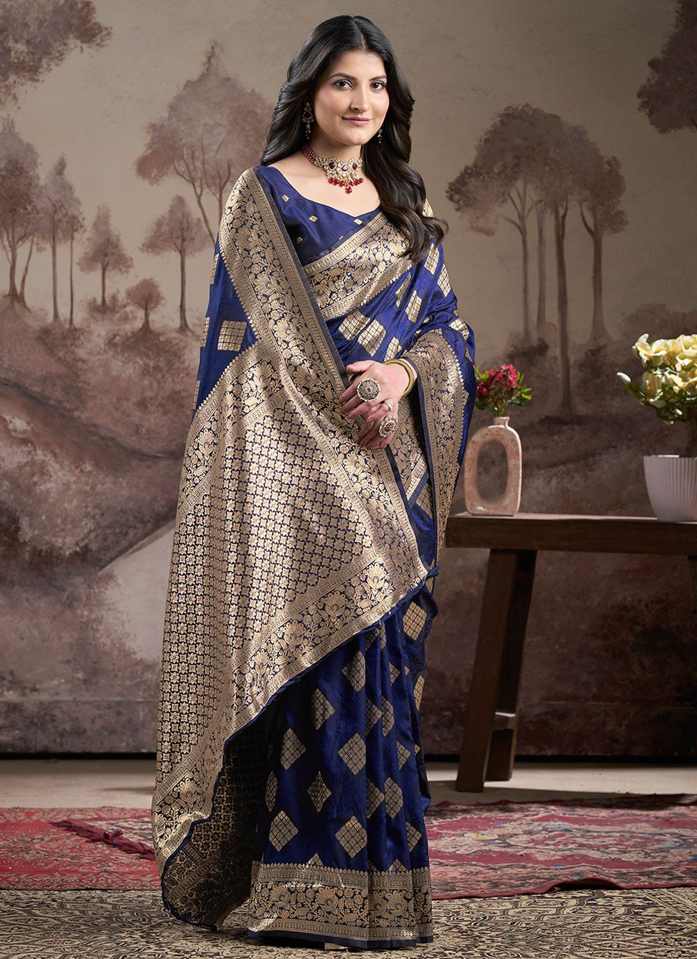 Contemporary Jacquard Work Navy Blue Jacquard Silk S12585