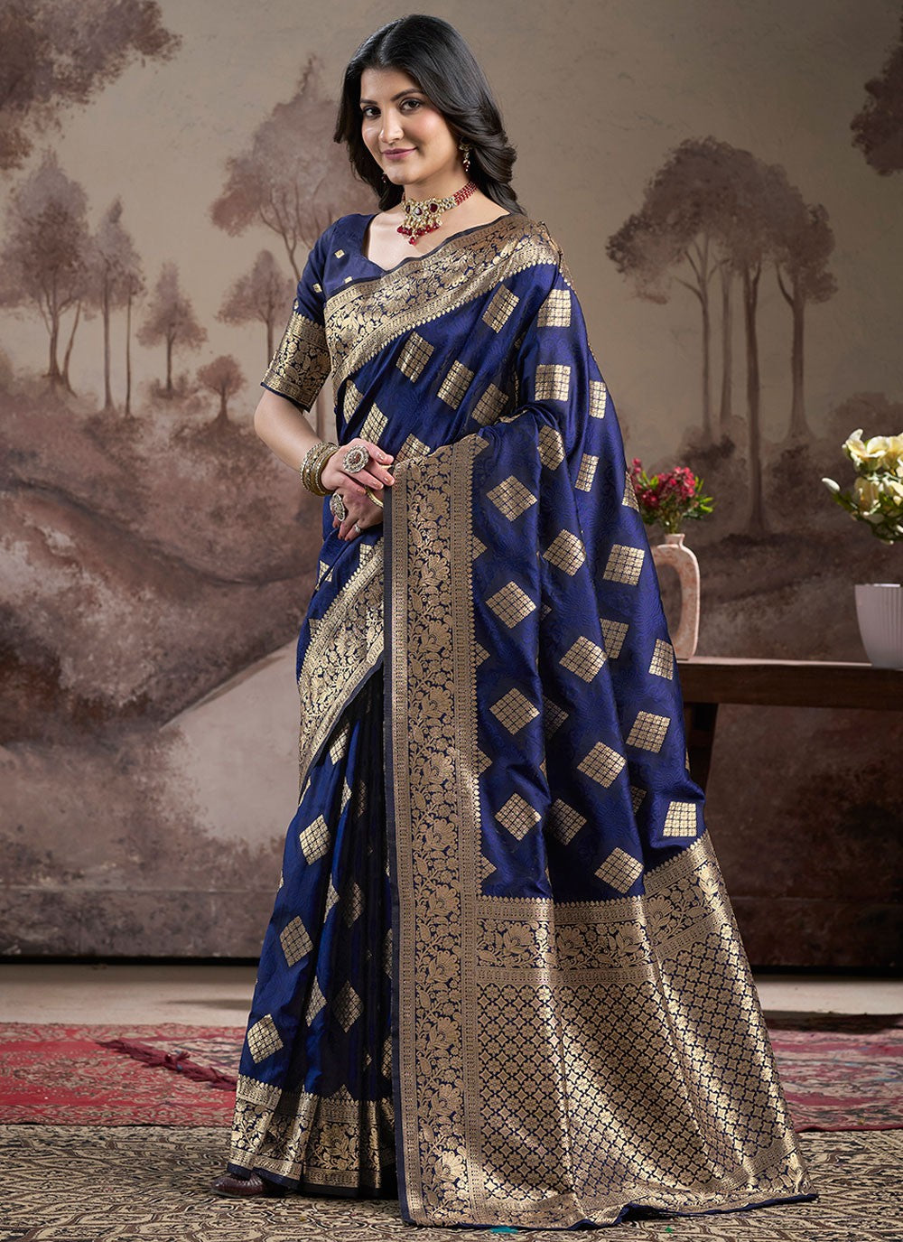Contemporary Jacquard Work Navy Blue Jacquard Silk Saree S12585