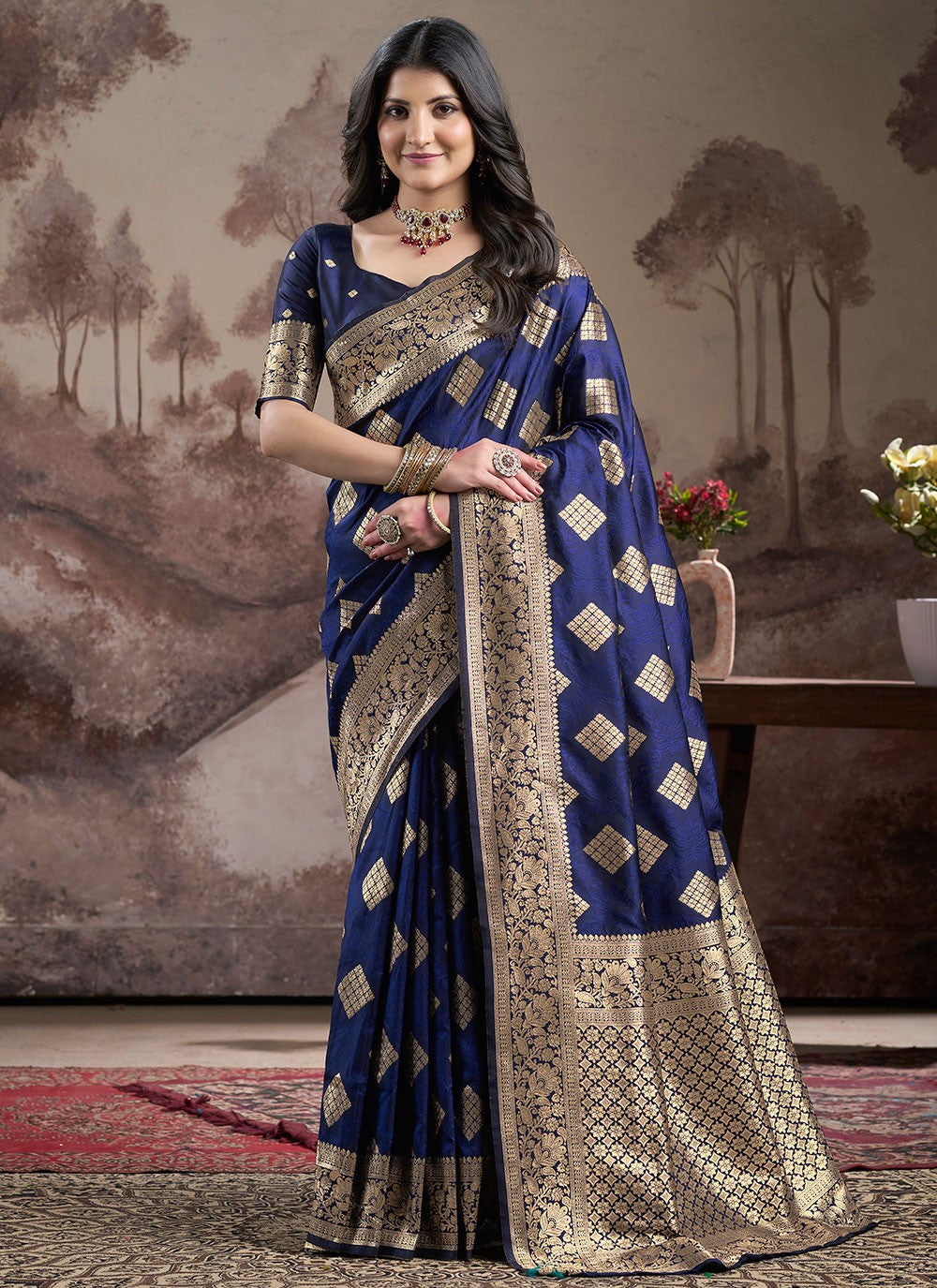 Contemporary Jacquard Work Navy Blue Jacquard Silk S12585