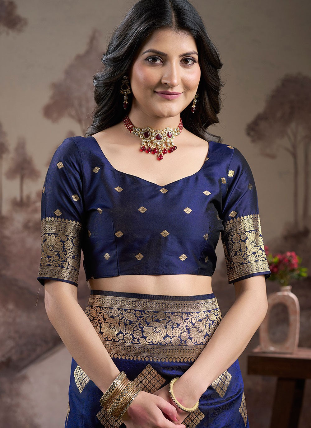 Contemporary Jacquard Work Navy Blue Jacquard Silk S12585