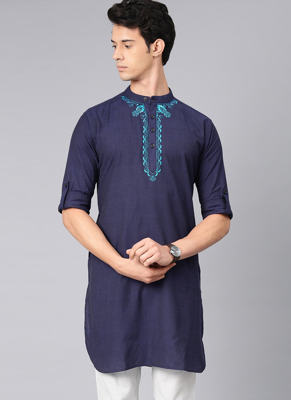 Plain Cotton Navy Blue Kurta - M1950