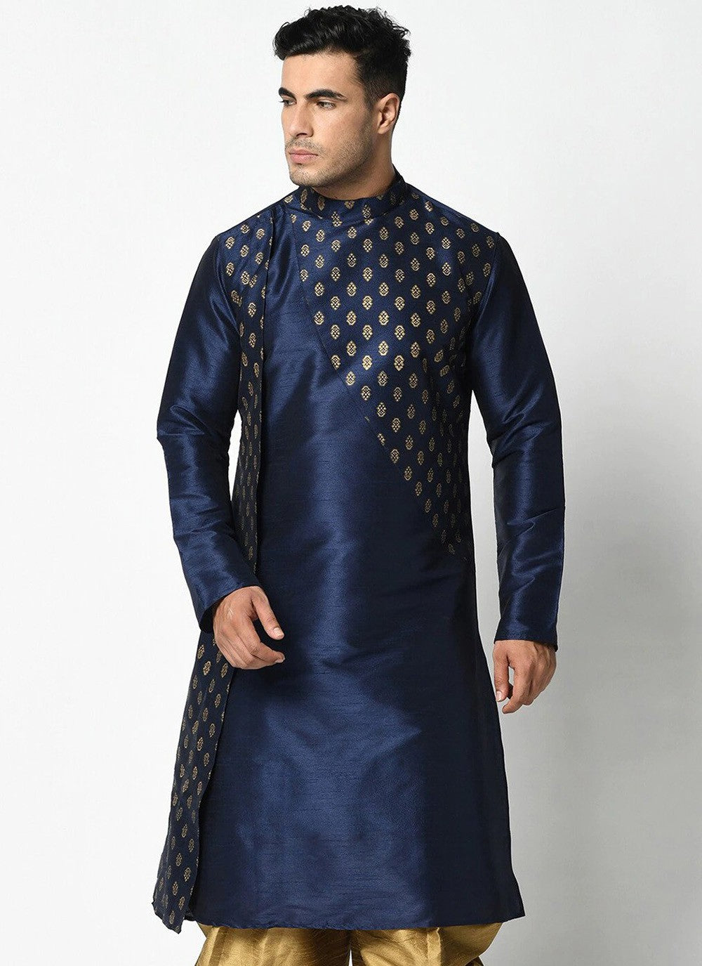 Weaving Zari Dupion Silk Navy Blue Kurta - M2280