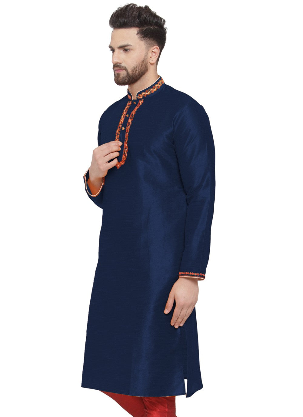 Embroidered Dupion Silk Navy Blue Kurta - M7323