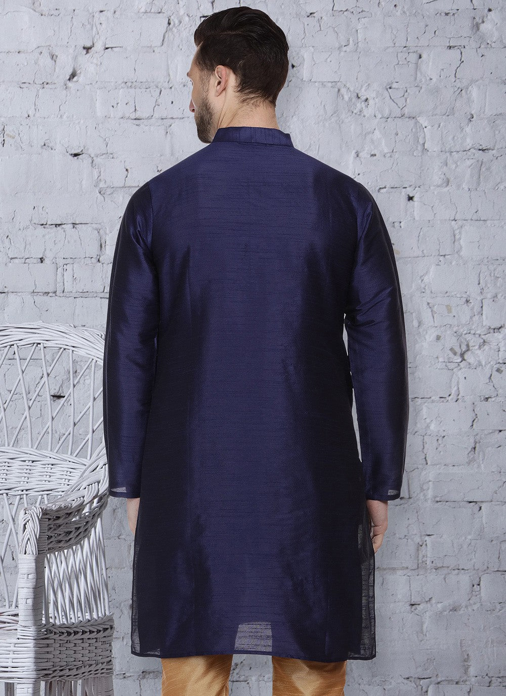 Machine Embroidery Dupion Silk Navy Blue Kurta - M5654