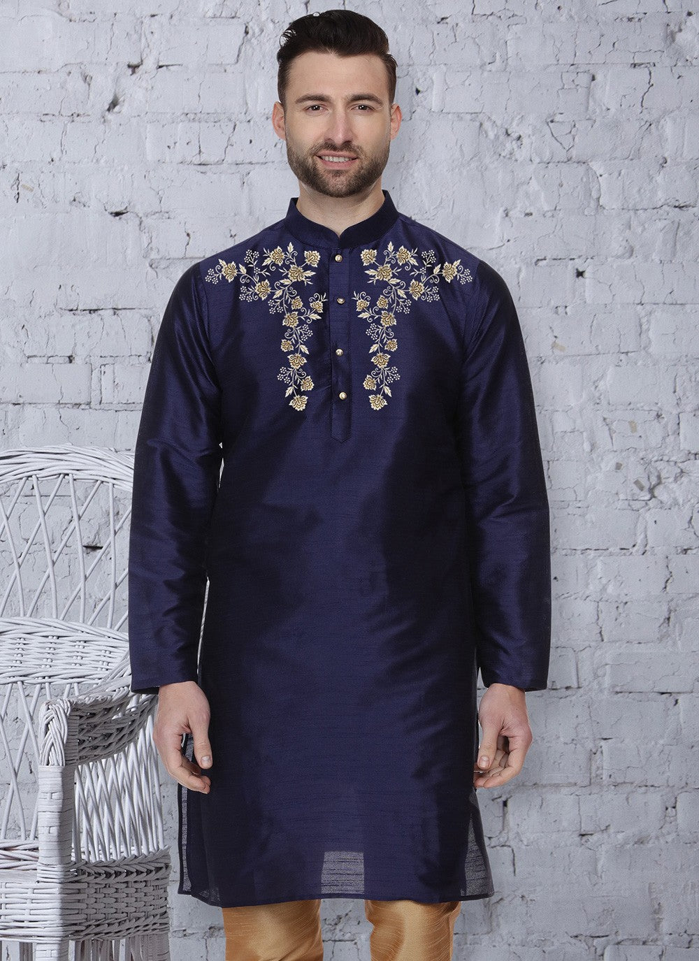 Machine Embroidery Dupion Silk Navy Blue Kurta - M5654
