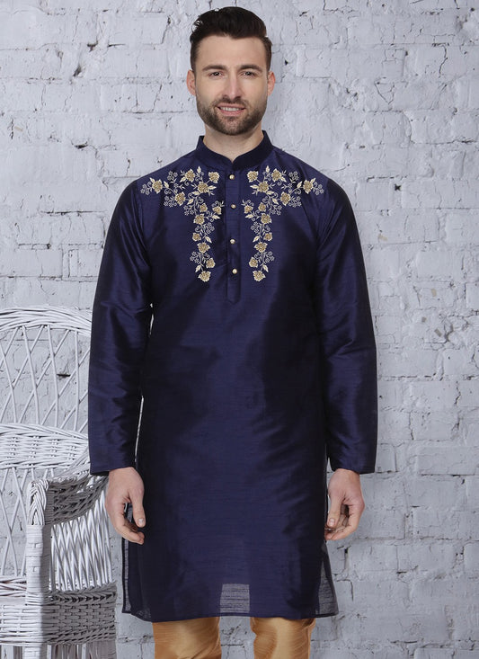 Machine Embroidery Dupion Silk Navy Blue Kurta - M5654